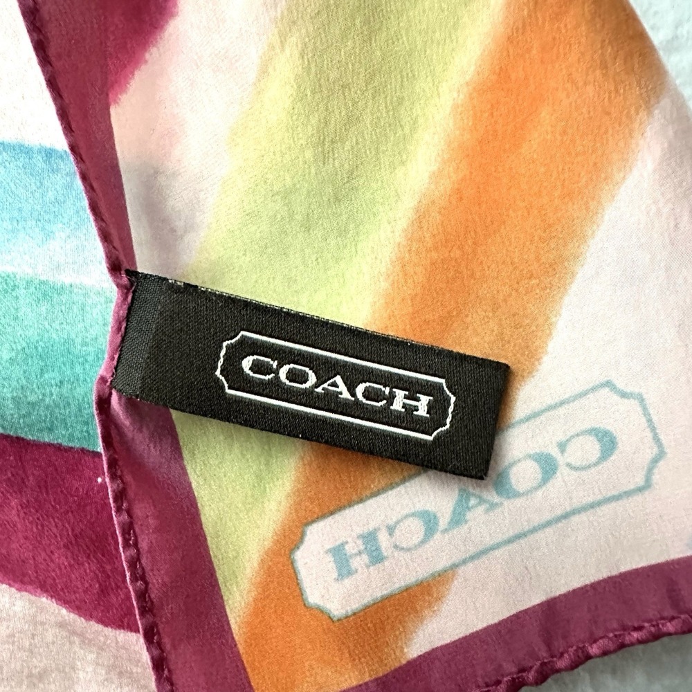 Coach 10" X 58" 100% Silk Watercolor Rainbow Head Bag Neck Scarf Logo Spellout - Picture 6 of 9